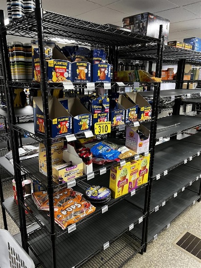 LOT: ASSORTED SNACK PRODUCTS & SWEETS ON 2-STORAGE RACKS