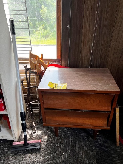 LOT: 2-DRAWER END TABLE W/ VINTAGE HAND DRILL & 2-BUTCHER'S HAND MEAT SAWS