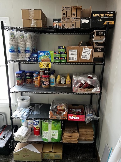 BLACK 6-SHELF WIRE STORAGE RACK & CONTENTS: