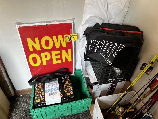 LOT: OPEN SIGNS, COOLER BAGS, TOTES, MILK CRATES