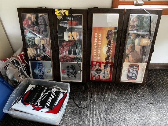 LOT: 4-VINTAGE BEER LIGHTS W/ ASSORTED BANNERS & POSTERS