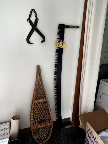 LOT OF VINTAGE COLLECTIBLES: SNOW SHOES, CROSS CUT SAW, ICE TONGS