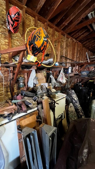 LOT: ICE DRILL, 2-ATV HELMETS, CAMP GEAR, 2-SAW HORSES
