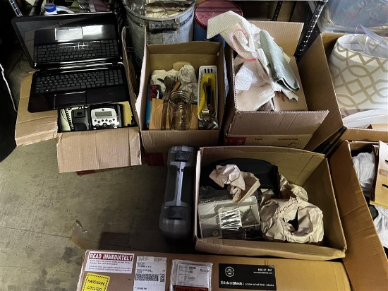 CONTENTS IN 13-BOXES: ELECTRONICS, SHOWER CHAIR, HOLIDAY DÉCOR, LINENS, SEWING SUPPLIES