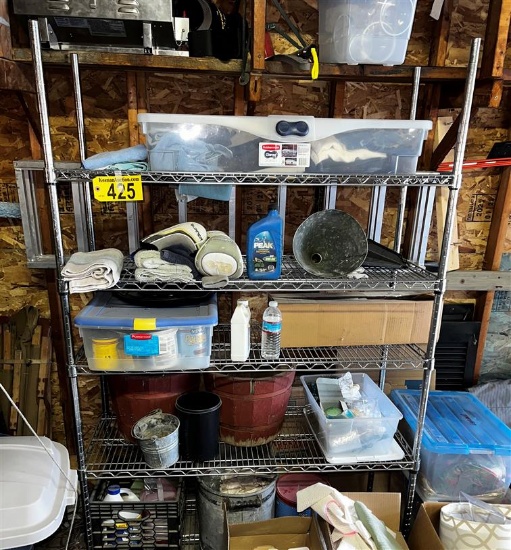 STORAGE RACK & CONTENTS: PAINT SUNDRIES, PLANTERS, GALVANIZED PAIL, MISC.