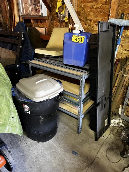 LOT: STEEL STORAGE RACK, BOAT SEAT, CAMP COT, MISC.