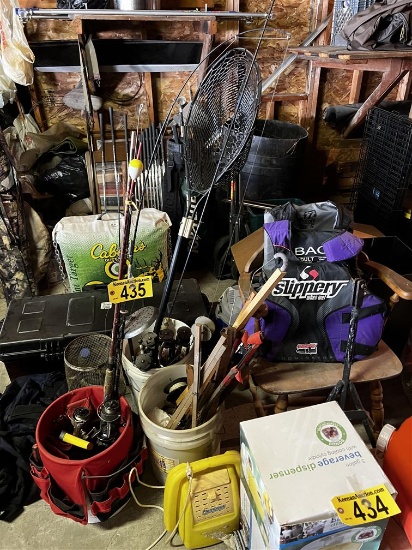 FISHING LOT: 9-ICE FISHING TRAPS, 4-RODS W/ REELS, NET