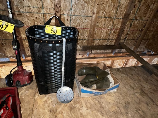 LOT: HIP WADERS, BAIT BASKET, TACKLE, SPOON