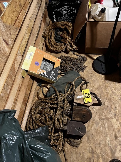LOT OF ASSORTED ROPE, CHAIN, CABLE, WOODEN PULLEYS