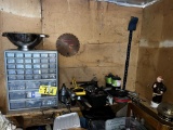 LOT: PARTS BIN & TOOLS, AIR TOOLS, CONTENTS ON BACK WALL SHELF