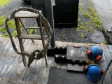 LOT: TIRE CHOCKS, ASSORTED TOOLS, WOODEN STEP LADDER, TOW ROPE, FORESTRY HELMETS