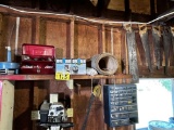 CONTENTS ALONG WALL: MISC. AUTOMOTIVE, TWINE, DRAIN SNAKE, CONTENTS IN CABINET