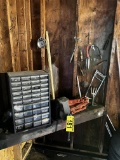 CONTENTS IN CORNER: COLUMBIA BENCH VISE, MISC. HAND TOOLS, GLOVES, PARTS BIN & CONTENTS