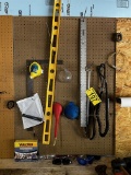 MISC. LOT ON WALL: LEVELS, BASIN WRENCH, FUNNELS, SAFETY GLASSES, MISC. HARDWARE