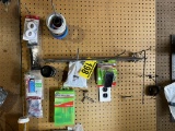 LOT OF ASSORTED AUTOMOTIVE ON PEGBOARD, 2-PITTSBURGH TIRE IRONS, TIRE REPAIR KITS,