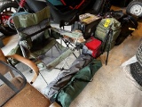 LOT OF ASSORTED HUNTING GEAR, CAMP CHAIRS, SHOOTER'S STICK, COOLER, BACKPACK
