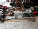 LOT: ASSORTED FISHING RODS, NETS, OAR, OFFICE CHAIR, BOX FAN