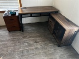 LOT: L-SHAPE COMPUTER DESK W/ 2-DRAWER FILE CABINET, SCOTCH LAMINATOR, POWER STRIPS