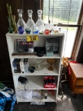 BOOKSHELF & CONTENTS: GLASSWARE, ALEXA SPEAKER, MISC. COLLECTIBLES, VHS TAPES
