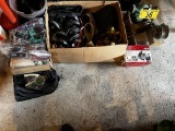 LOT: BOAT WINCH, PINTLE HITCH, CASTERS, RATCHET STRAPS, TIRE CHOCKS, INFLATOR, GARDEN KIT, FUNNELS