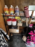 STORAGE RACK & CONTENTS: WASHER FLUID, TICK REMOVERS, BUCKETS, SHOT GLASSES, GRILLING TOOLS