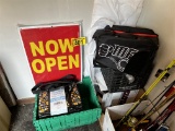 LOT: OPEN SIGNS, COOLER BAGS, TOTES, MILK CRATES