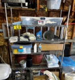 STORAGE RACK & CONTENTS: PAINT SUNDRIES, PLANTERS, GALVANIZED PAIL, MISC.
