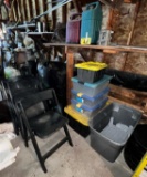 MISC. LOT: PET KENNEL, STORAGE TOTES, GAME CAM, LANTERNS, FOLDING CHAIRS