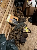 LOT OF ASSORTED ROPE, CHAIN, CABLE, WOODEN PULLEYS