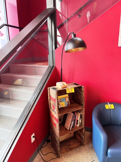 LOT: FLOOR LAMP & BOX CRATE  RACK, BOOKS
