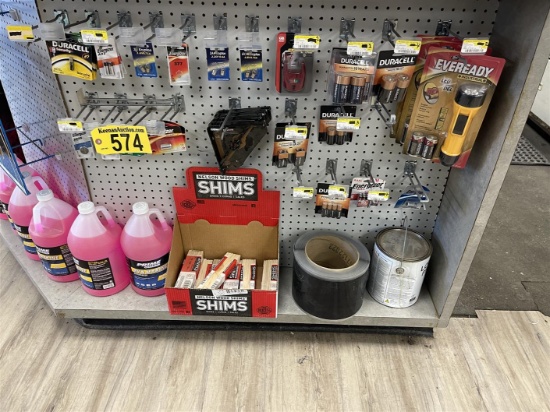 LOT: BATTERIES, FLASHLIGHTS, WINDSHIELD WIPER FLUID, WOOD SHIMS ...