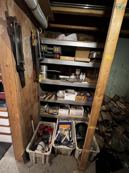 6-SHELF METAL STORAGE RACK & CONTENTS: