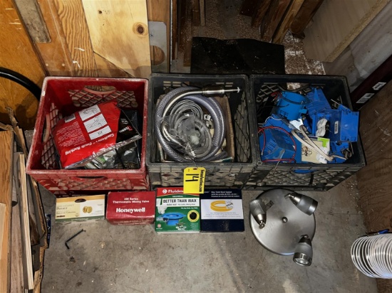 LOT OF MISC. ELECTRICAL, HOSE, WAX RINGS, THERMOSTATIC MIXING VALVE