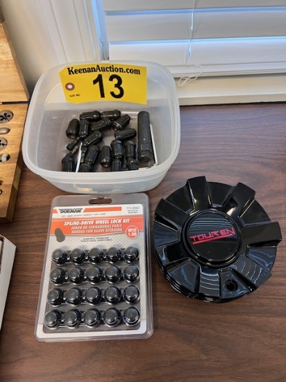 LOT: 4-TOUREN WHEEL CENTER CAPS, ASSORTED LUG NUTS