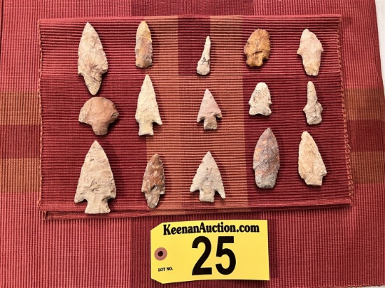 COLLECTION OF 15-INDIAN ARROWHEADS & SPEARHEADS