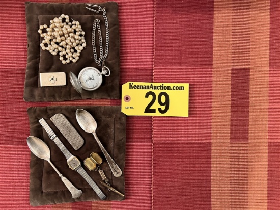 LOT: VINTAGE  WATCHS, PEARLS NECKLACE, SPOONS, MISC.
