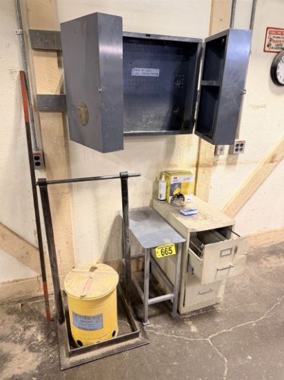 Misc. Lot: Rag Can, File Cabinet, 20" X 13" Steel Stand