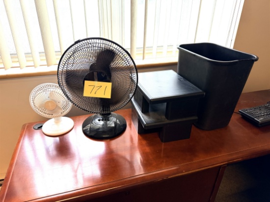 Lot: 2-Fans, Desktop Risers, Waste Can
