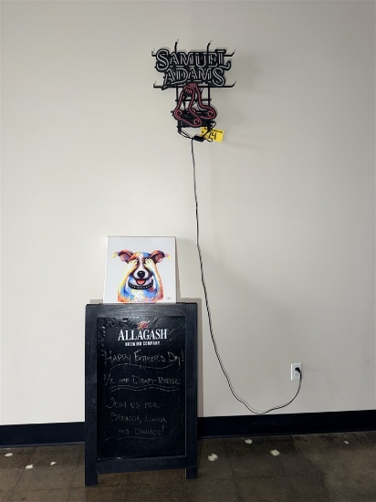 LOT: SAMUEL ADAMS RED SOX NEON SIGN, ALLAGASH CHALKBOARD AFRAME, DOG PRINT