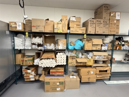 LOT OF ASSORTED DISPOSABLE SERVEWARE ON 3-RACKS:
