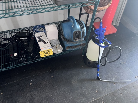 LOT: CARPET BLOWER, CHEMICAL SPRAYER, POWER STRIPS, FLOOD LIGHTS