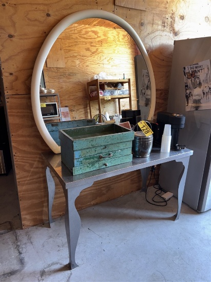LOT: 23.5" X 47" S/S TABLE, 49" X 45"H MIRROR & CONTENTS: