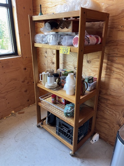 PORTABLE WOODEN 5-SHELF STORAGE RACK & CONTENTS: