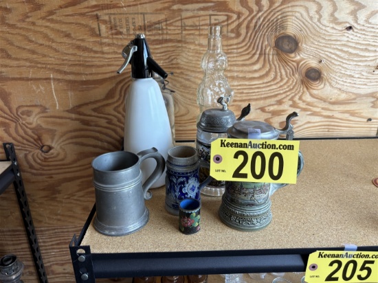 LOT OF 4-STEINS, SELTZER BOTTLE, DOG SHAPED GLASS BOTTLE