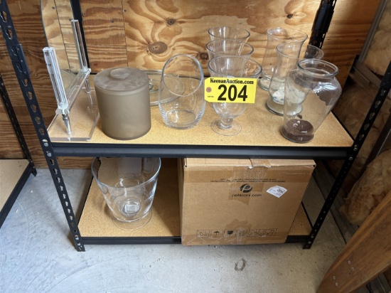 LOT OF 9-ASSORTED GLASS VASES, ICE BUCKET, PLATTER, MIRROR