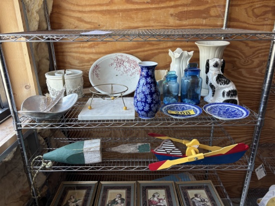 LOT OF 14-ASSORTED PLATES, VASES, BOTTLES, WOOD PADDLER & LOBSTER POT