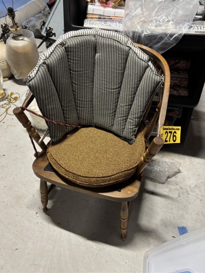 WOOD BARREL BACK SIDE ARM CHAIR W/ CUSHIONS