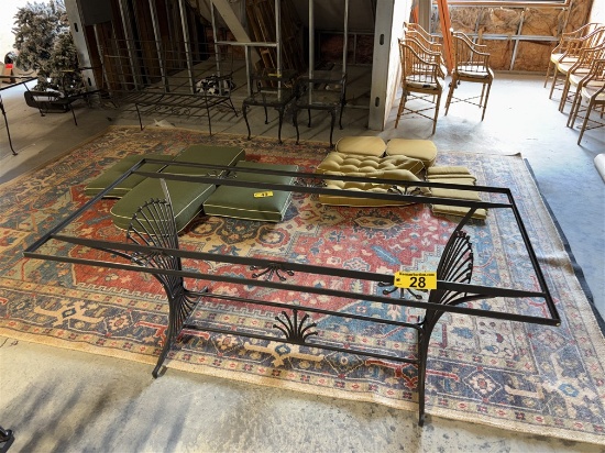 WROUGHT IRON TABLE, PALM-FROND ACCENTS, GLASS TOP