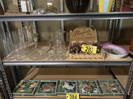 LOT: GLASS DECANTER, PITCHER, VASES, 8-PHEASANT GLASSES, PLATTER