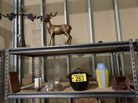 LOT: BRASS ELK & ANTIQUE LAMP, BILLIARD BALLS, VASE, CERAMIC POT